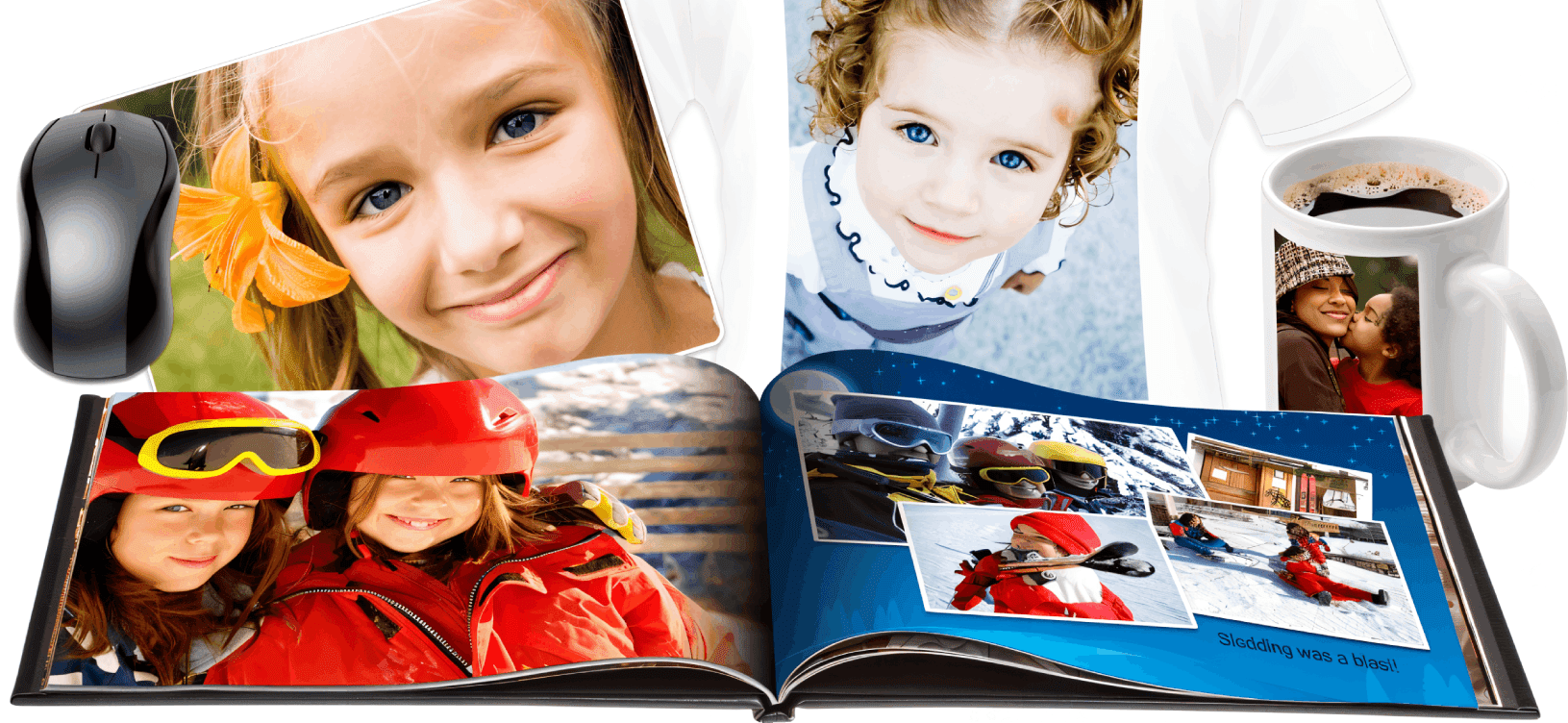 Photo book with children and coffee mug.