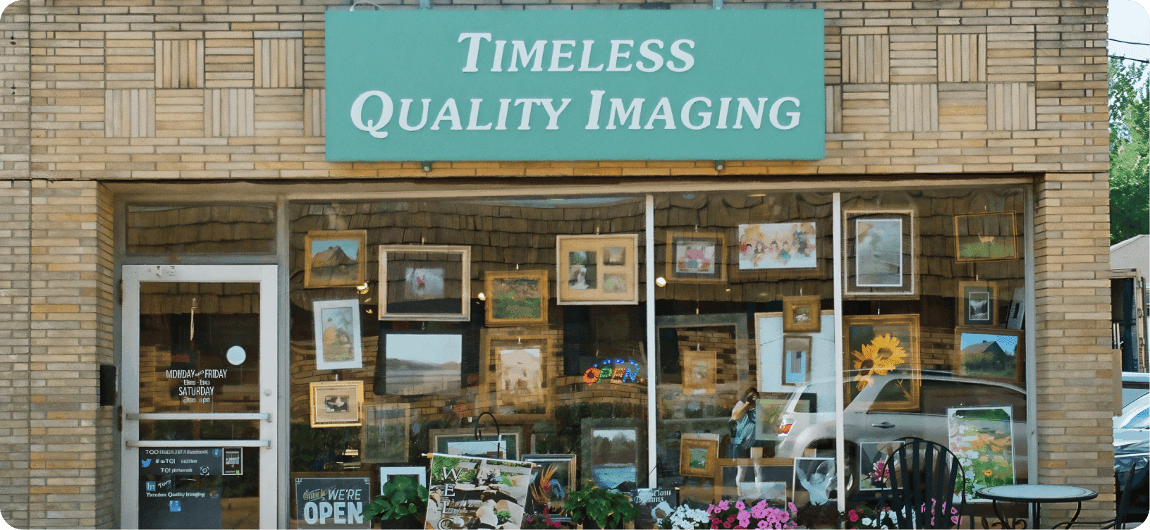 Storefront with framed pictures and flowers.